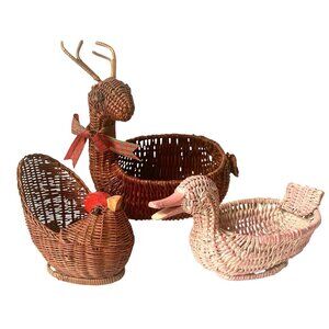 3 Vintage Wicker Rattan Baskets Deer Duck Rooster